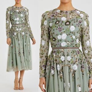 Mac Duggal 5716 Size 6 Sage Green Floral Beaded Long Sleeve High Neck Midi Dress
